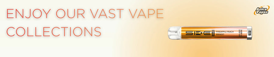 Vape pen with 'SKE' branding on a beige background, featuring text 'Enjoy our vast vape collections'.