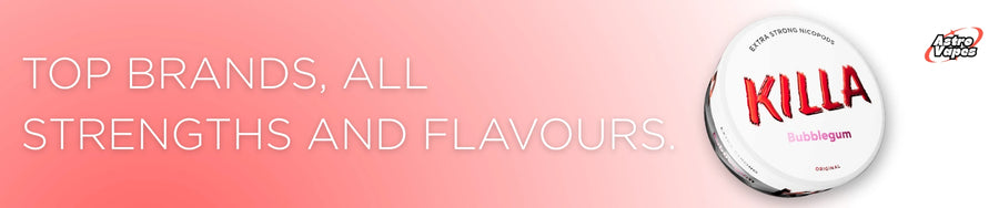 Killa brand product on a pink background with text about top brands, strengths, and flavors.